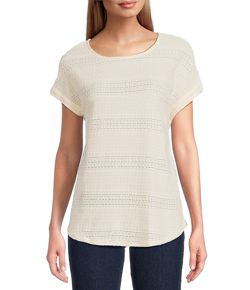 Ruby Rd. Crochet Knit Boat Neck Short Button Tab Sleeve Top