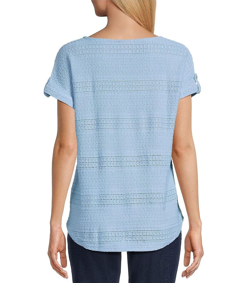 Ruby Rd. Crochet Knit Boat Neck Short Button Tab Sleeve Top