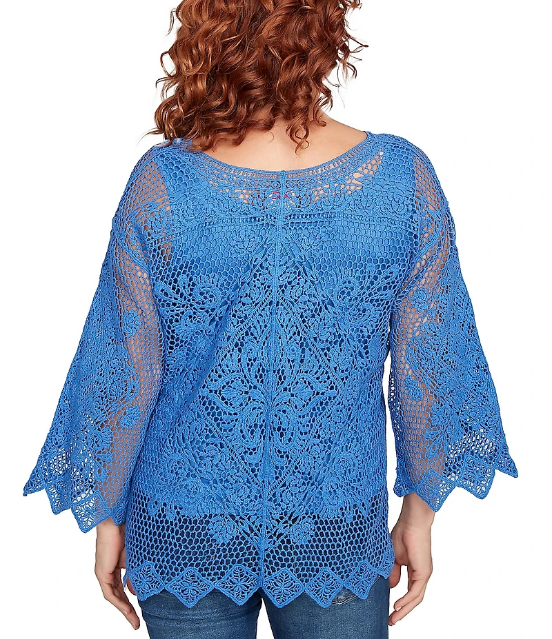 Ruby Rd. Crochet Medallion Floral Pattern Scoop Neck 3/4 Wide Flared Sleeve Top