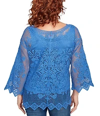 Ruby Rd. Crochet Medallion Floral Pattern Scoop Neck 3/4 Wide Flared Sleeve Top