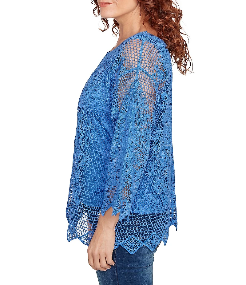 Ruby Rd. Crochet Medallion Floral Pattern Scoop Neck 3/4 Wide Flared Sleeve Top