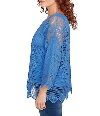 Ruby Rd. Crochet Medallion Floral Pattern Scoop Neck 3/4 Wide Flared Sleeve Top