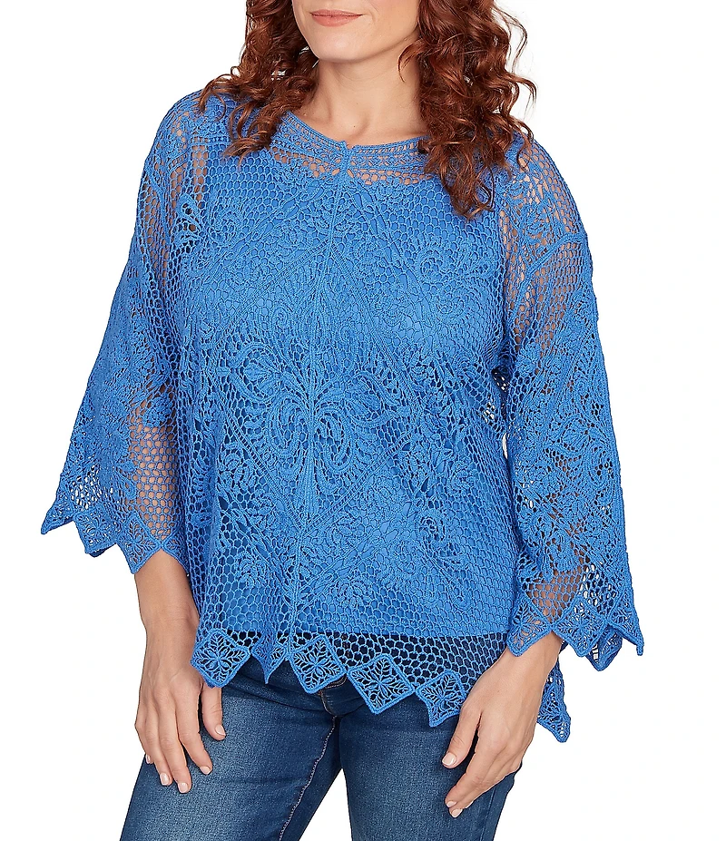 Ruby Rd. Crochet Medallion Floral Pattern Scoop Neck 3/4 Wide Flared Sleeve Top