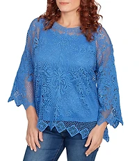 Ruby Rd. Crochet Medallion Floral Pattern Scoop Neck 3/4 Wide Flared Sleeve Top