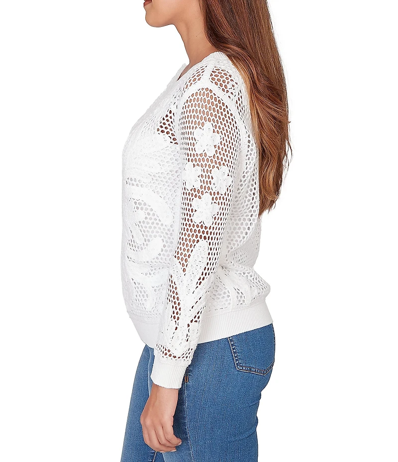 Ruby Rd. Crocheted Overlay Inner Tank Scoop Neck Long Sleeve Sweater