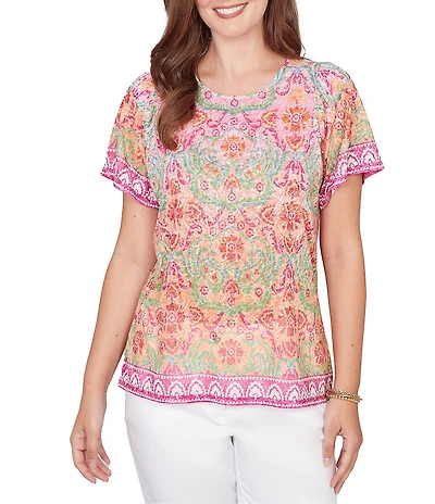 Ruby Rd. Damask Floral Scoop Neck Short Sleeve Knit Tee Top