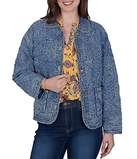 Ruby Rd. Denim Floral Stritch Point Collar Long Sleeve Button Front Jacket