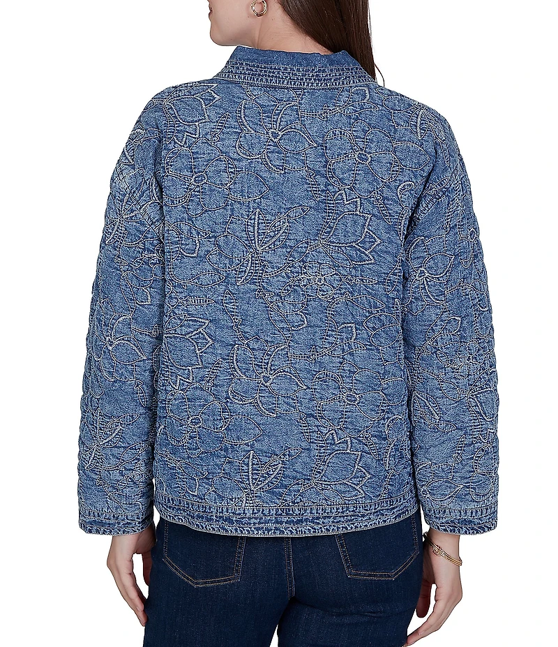 Ruby Rd. Denim Floral Stritch Point Collar Long Sleeve Button Front Jacket