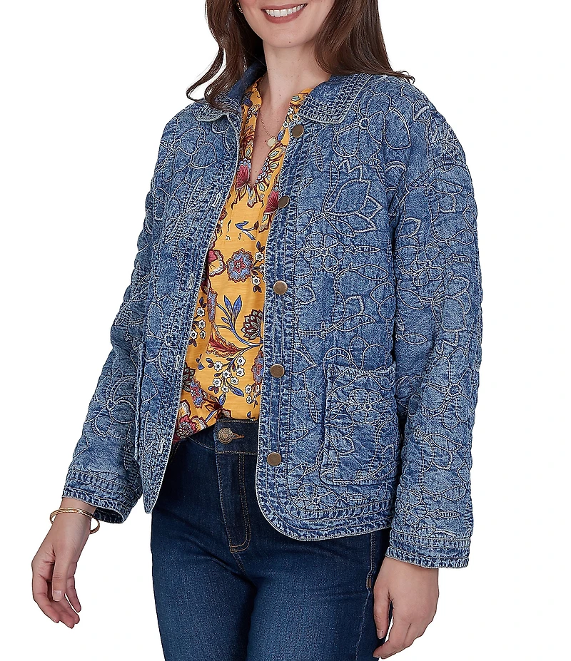 Ruby Rd. Denim Floral Stritch Point Collar Long Sleeve Button Front Jacket