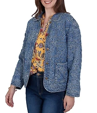 Ruby Rd. Denim Floral Stritch Point Collar Long Sleeve Button Front Jacket