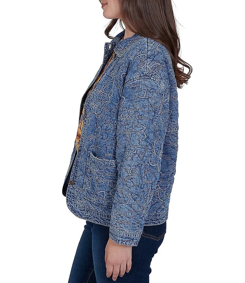 Ruby Rd. Denim Floral Stritch Point Collar Long Sleeve Button Front Jacket