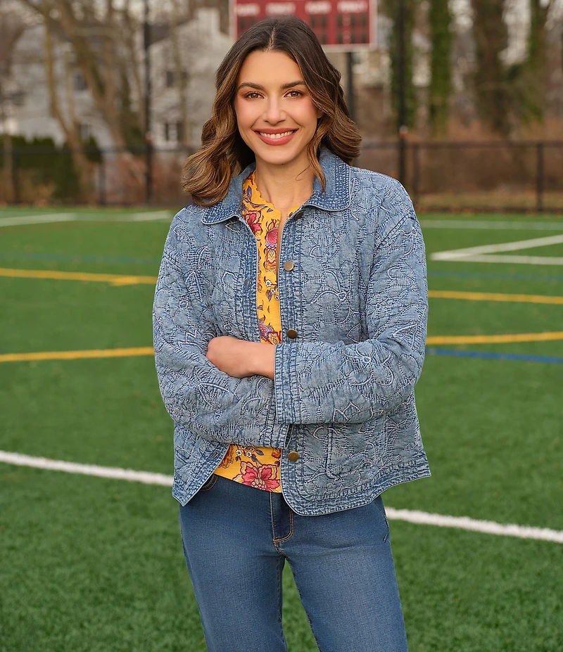 Ruby Rd. Denim Floral Stritch Point Collar Long Sleeve Button Front Jacket
