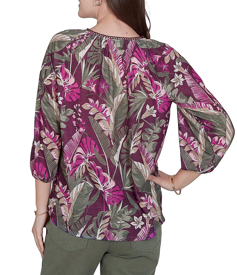 Ruby Rd. Desertwillow Slub Knit Split V-Neck 3/4 Cuffed Sleeve Tassel Tie Top