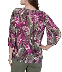 Ruby Rd. Desertwillow Slub Knit Split V-Neck 3/4 Cuffed Sleeve Tassel Tie Top