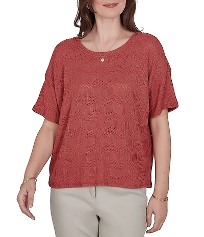 Ruby Rd. Diamond Textured Knit Scoop Neck Elbow Length Sleeve Top