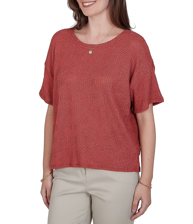 Ruby Rd. Diamond Textured Knit Scoop Neck Elbow Length Sleeve Top