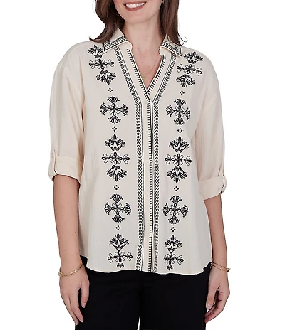 Ruby Rd. Double Cotton Gauze Embroidered Point Collar 3/4 Roll-Tab Sleeve Button-Front Shirt
