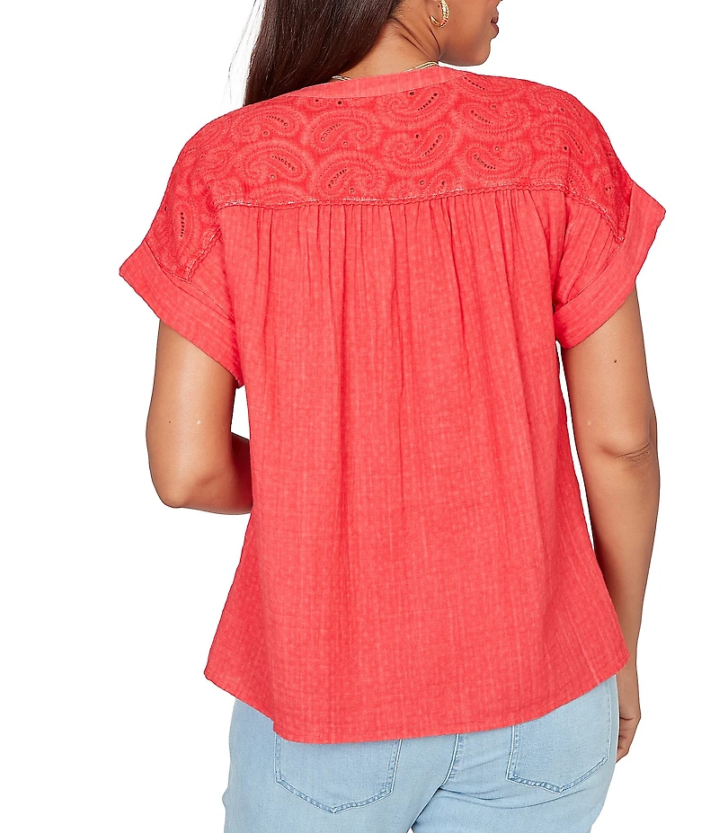 Ruby Rd. Double Gauze Woven Paisley Embroidered Button-Front Blouse