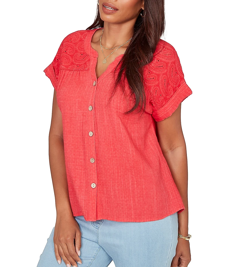 Ruby Rd. Double Gauze Woven Paisley Embroidered Button-Front Blouse
