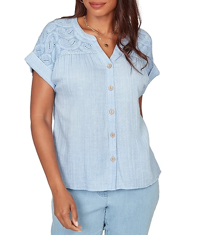 Ruby Rd. Double Gauze Woven Paisley Embroidered Button-Front Blouse