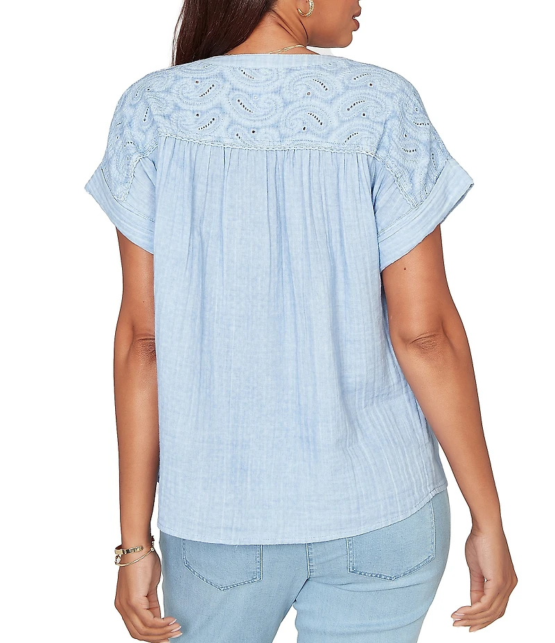 Ruby Rd. Double Gauze Woven Paisley Embroidered Button-Front Blouse