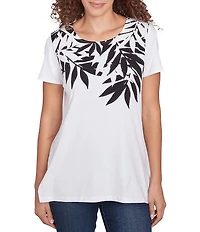 Ruby Rd. Embellished Abstract Palm Print Crew Neck Short Sleeve T-Shirt