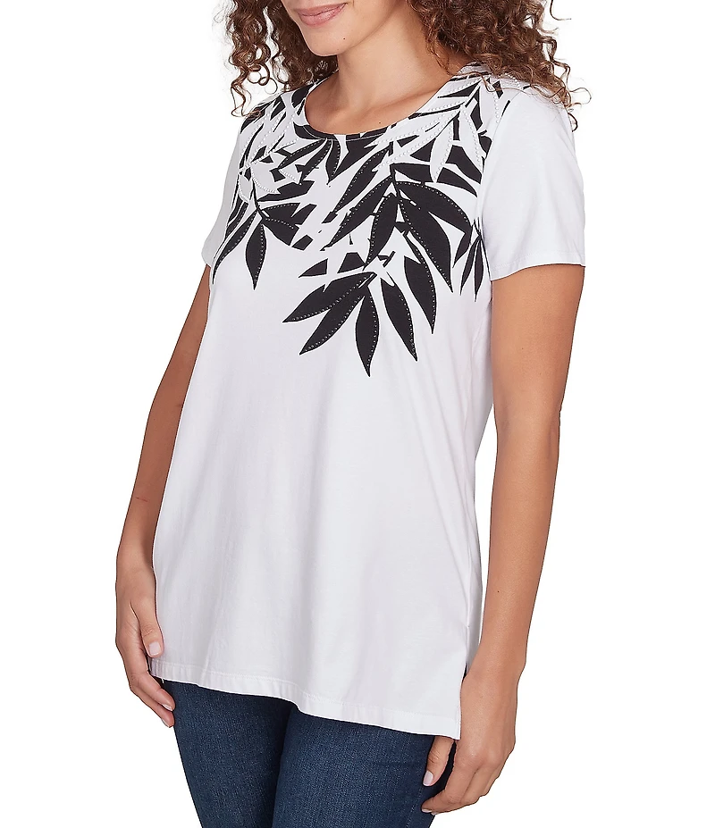Ruby Rd. Embellished Abstract Palm Print Crew Neck Short Sleeve T-Shirt