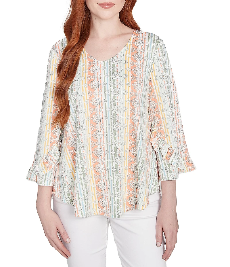 Ruby Rd. Stripe Floral Puff Print V-Neck 3/4 Bell Sleeve Top