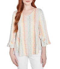 Ruby Rd. Stripe Floral Puff Print V-Neck 3/4 Bell Sleeve Top