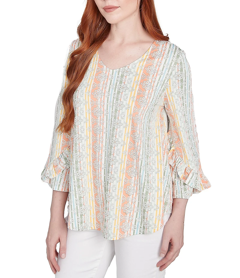 Ruby Rd. Stripe Floral Puff Print V-Neck 3/4 Bell Sleeve Top