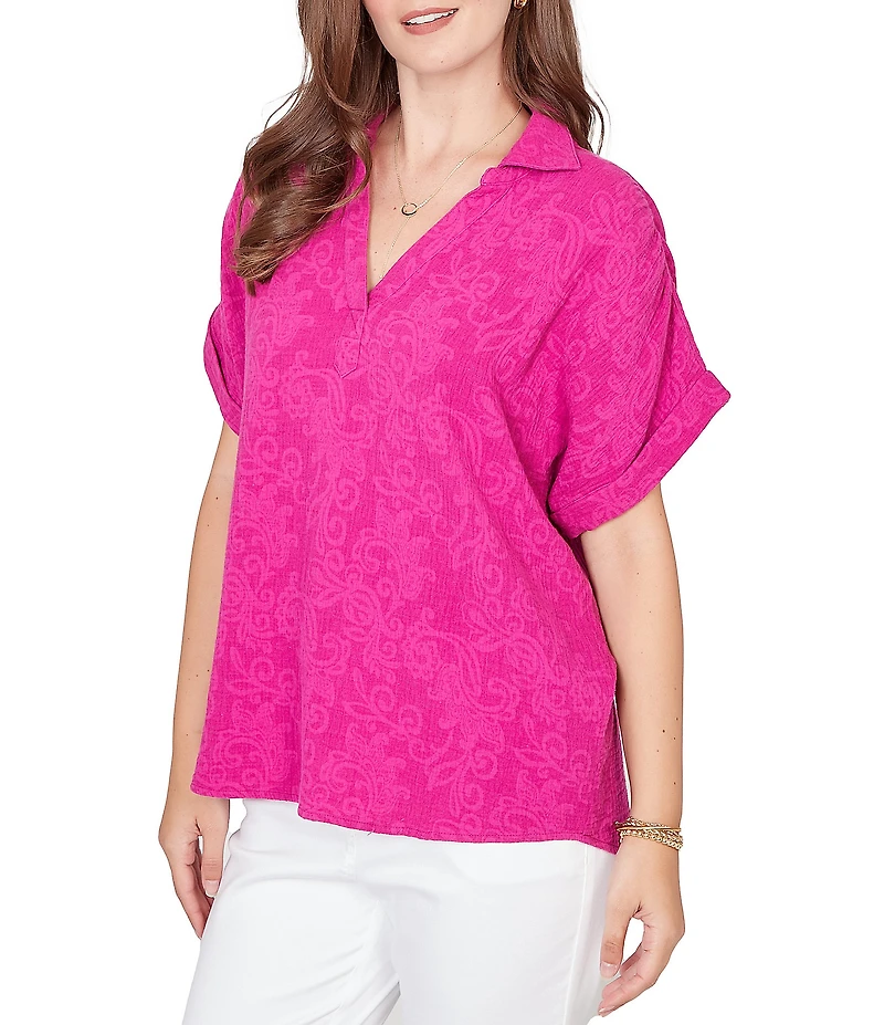 Ruby Rd. Embossed Gauze Woven Paisley Spread Collar Short Rolled Sleeves Top
