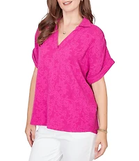 Ruby Rd. Embossed Gauze Woven Paisley Spread Collar Short Rolled Sleeves Top