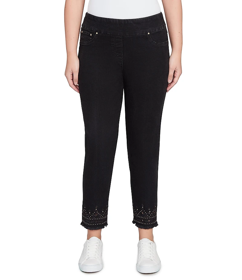Ruby Rd. Embroidered Bead Fringe Hem Pull-On Ankle Denim Jeans