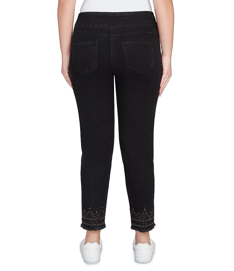 Ruby Rd. Embroidered Bead Fringe Hem Pull-On Ankle Denim Jeans