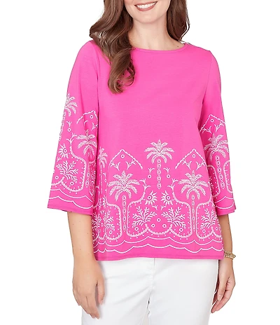 Ruby Rd. Embroidered Boat Neck 3/4 Sleeve Top