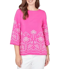 Ruby Rd. Embroidered Boat Neck 3/4 Sleeve Top