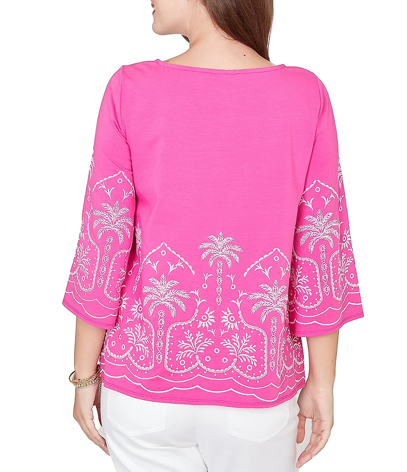 Ruby Rd. Embroidered Boat Neck 3/4 Sleeve Top