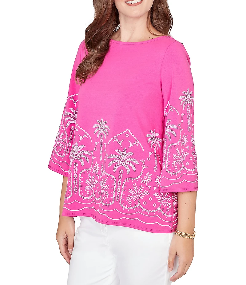 Ruby Rd. Embroidered Boat Neck 3/4 Sleeve Top