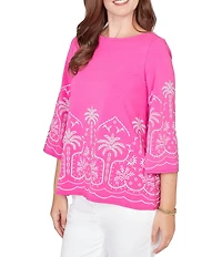 Ruby Rd. Embroidered Boat Neck 3/4 Sleeve Top