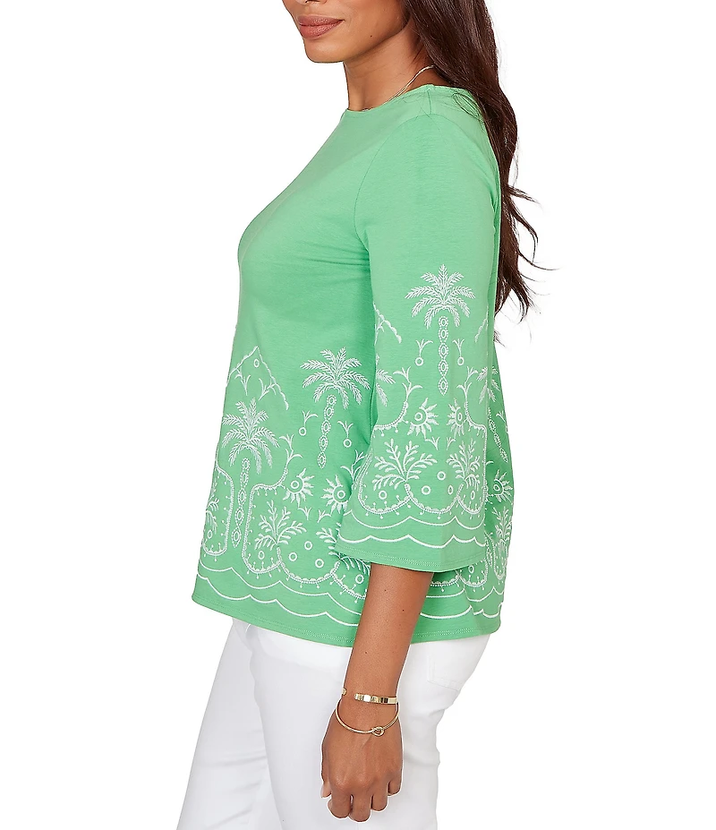 Ruby Rd. Embroidered Boat Neck 3/4 Sleeve Top