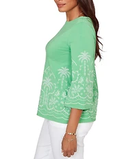 Ruby Rd. Embroidered Boat Neck 3/4 Sleeve Top