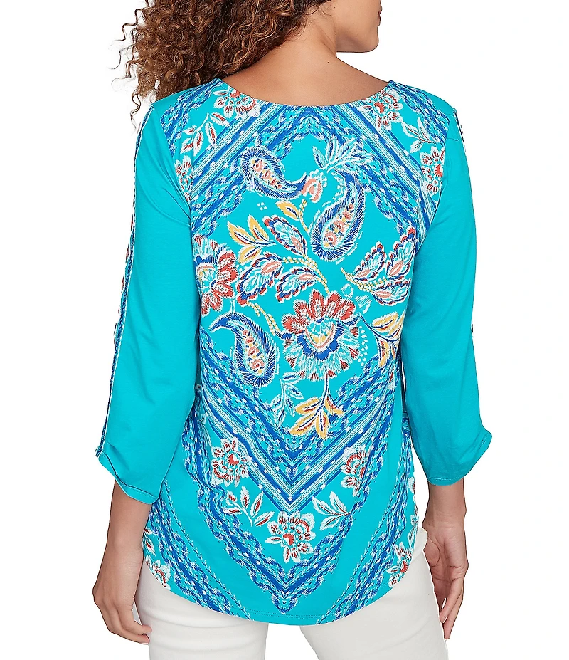 Ruby Rd. Embroidered Cotton-Blend Printed V-Neck 3/4 Sleeve Top