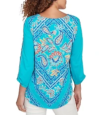Ruby Rd. Embroidered Cotton-Blend Printed V-Neck 3/4 Sleeve Top