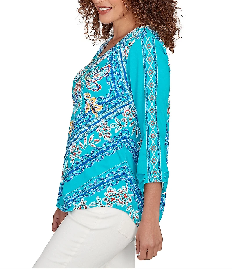 Ruby Rd. Embroidered Cotton-Blend Printed V-Neck 3/4 Sleeve Top