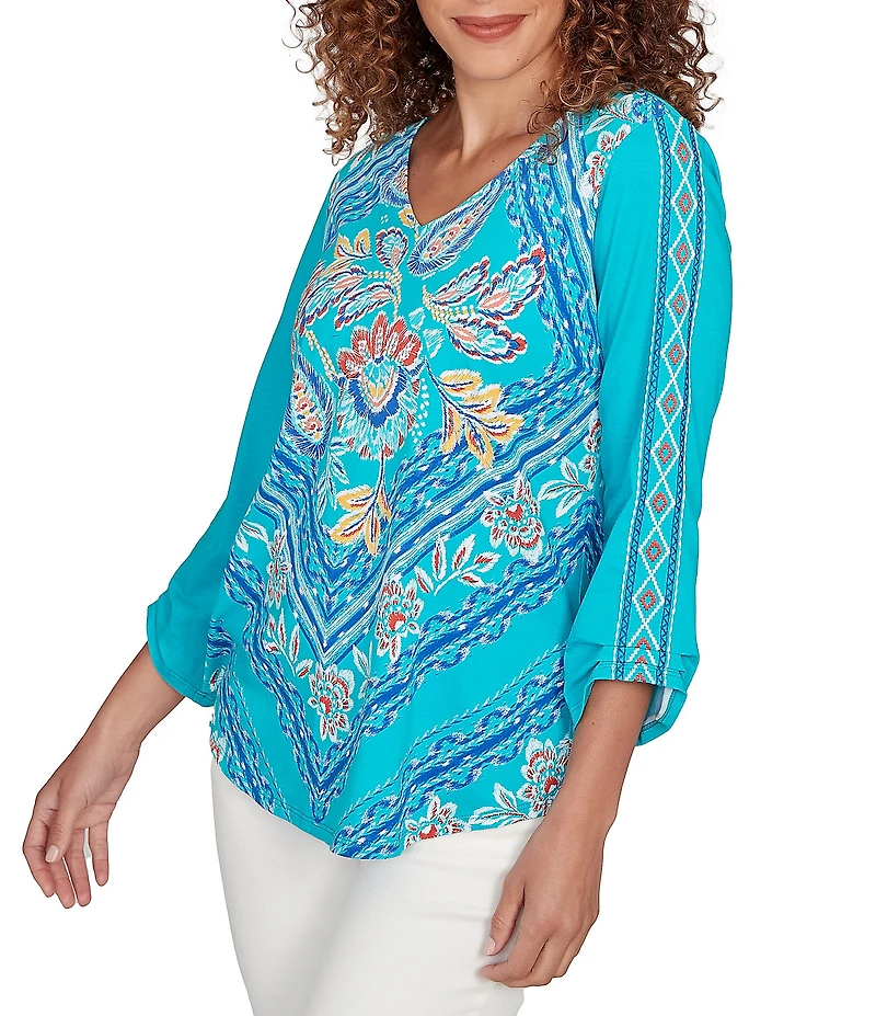 Ruby Rd. Embroidered Cotton-Blend Printed V-Neck 3/4 Sleeve Top