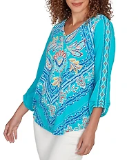 Ruby Rd. Embroidered Cotton-Blend Printed V-Neck 3/4 Sleeve Top
