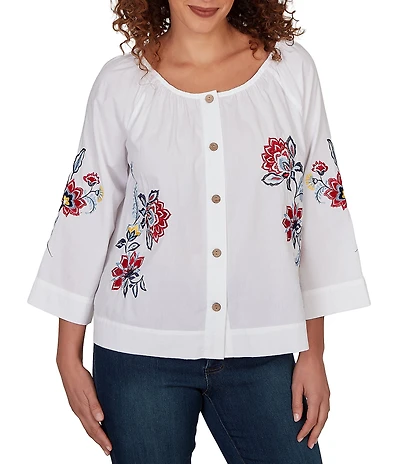 Ruby Rd. Embroidered Floral Scoop Neck 3/4 Sleeve Button-Front Blouse