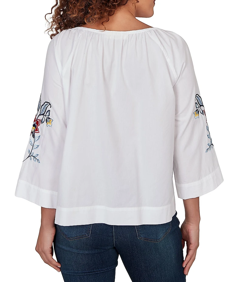 Ruby Rd. Embroidered Floral Scoop Neck 3/4 Sleeve Button-Front Blouse