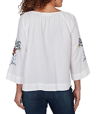 Ruby Rd. Embroidered Floral Scoop Neck 3/4 Sleeve Button-Front Blouse