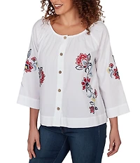 Ruby Rd. Embroidered Floral Scoop Neck 3/4 Sleeve Button-Front Blouse